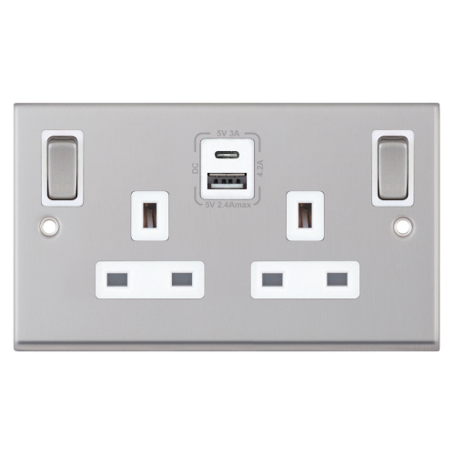 Selectric 13A Socket 2 Gang Switched SP Outboard Rockers USB Type A & C