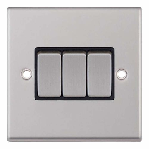  10 Amp Plate Switch 3 Gang 2 Way  - Satin Chrome with Black Inserts
