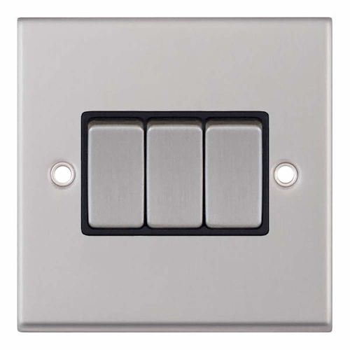  10 Amp Plate Switch 3 Gang 2 Way  - Satin Chrome with Black Inserts