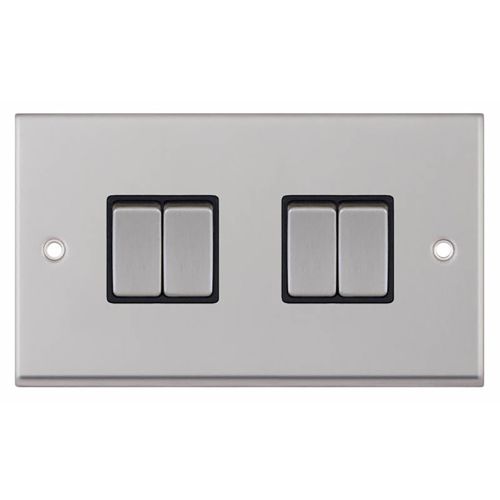 10 Amp Plate Switch  4 Gang 2 Way - Satin Chrome with Black Insert