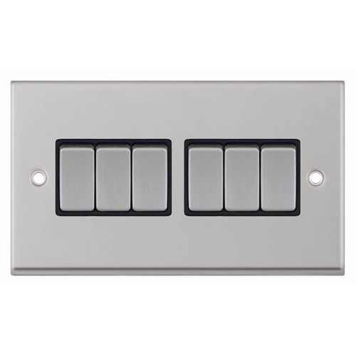 10 Amp Plate Switch 6 Gang 2 Way - Satin Chrome with Black Inserts 