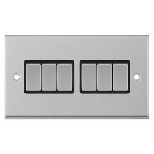 10 Amp Plate Switch 6 Gang 2 Way - Satin Chrome with Black Inserts 