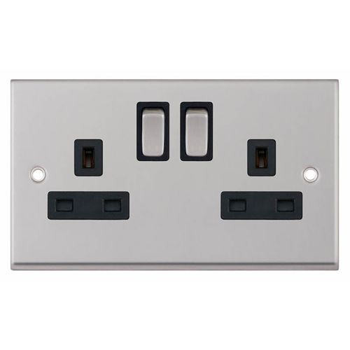 2 Gang 13 Amp Socket DP Switched - Satin Chrome with Black Insert 