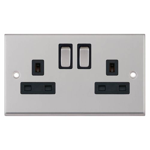 2 Gang 13 Amp Socket DP Switched - Satin Chrome with Black Insert 