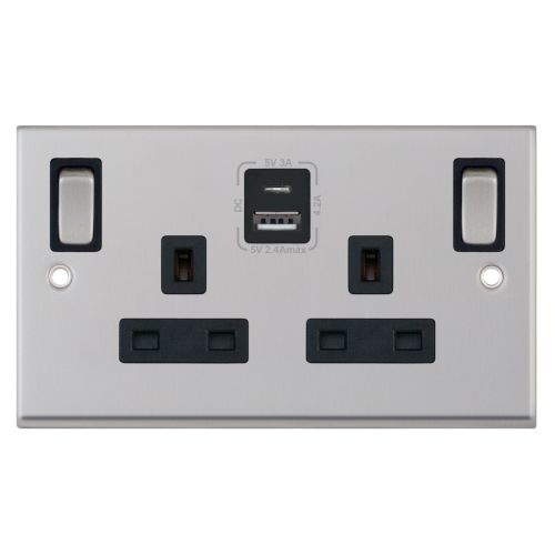 Selectric 13A Socket Outlet 2g Switched SP Outboard Rockers USB Type A & USB Type C (2.4A / 3A)