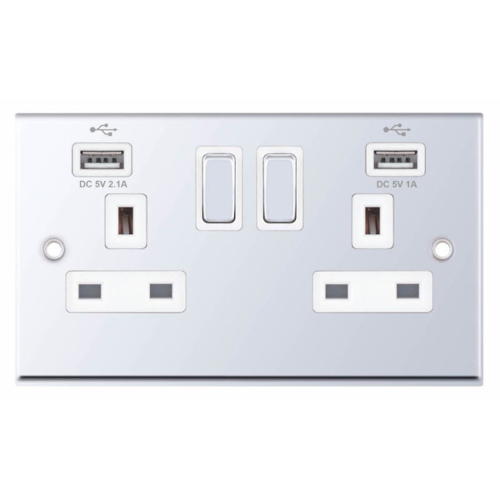 Selectric 2 Gang 13 Amp Socket 2 x USB Ports SP Switched Polished Chrome
