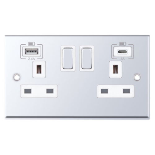 Selectric 2 Gang 13 Amp Socket 2 x USB Ports A/C SP Switched Polished Chrome