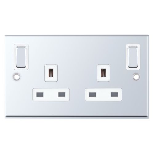 Selectric 13 Amp Socket 2 Gang Switched DP w/ Outboard Rockers Polished Chrome