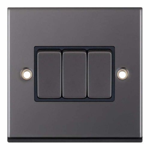 10 Amp Plate Switch 3 Gang 2 Way - Black Nickel with Black Inserts 