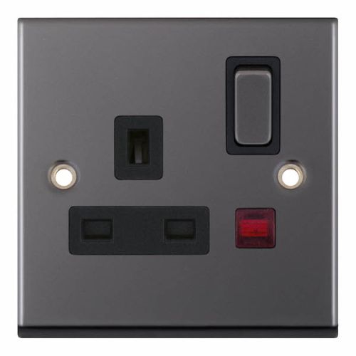 Selectric 1 Gang 13 Amp Socket with Neon DP Switched Black Nickel Black Inserts