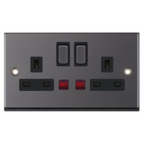 Selectric 2 Gang 13 Amp Socket with Neons DP Switched Black Nickel Black Inserts