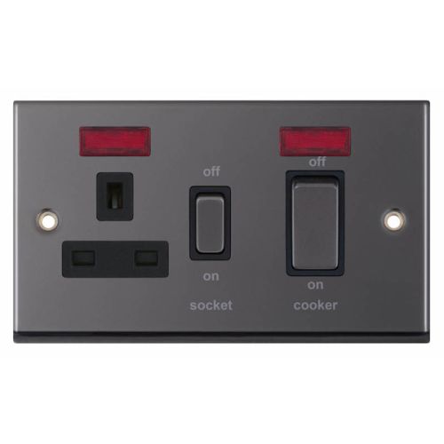 Selectric 45 Amp Cooker Unit with 13 Amp Switched Socket Neons Black Nickel