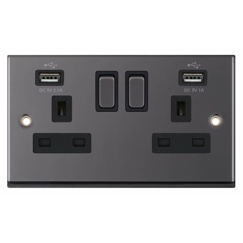 2 Gang 13 Amp Socket2 x USB Ports - Black Nickel with Black Insert  by Meteor Electrical 