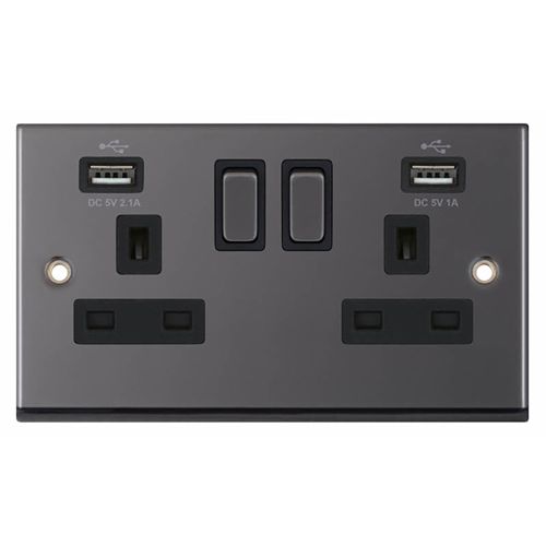 2 Gang 13 Amp Socket2 x USB Ports - Black Nickel with Black Insert  by Meteor Electrical 