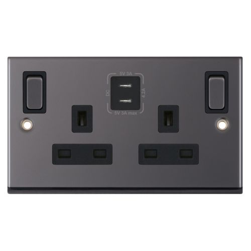 Selectric 13 Amp Socket Outlet 2 Gang Switched SP Outboard Rockers + 2 Earth Terminals, 2 x USB Type C (3A / 3A) Black Nickel