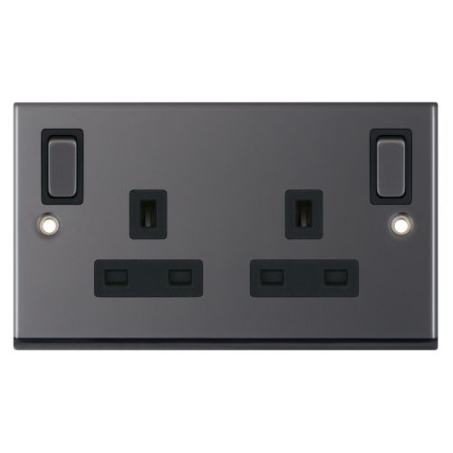 Selectric 13 Amp Socket Outlet 2 Gang Switched DP Outboard Rockers Black Nickel 
