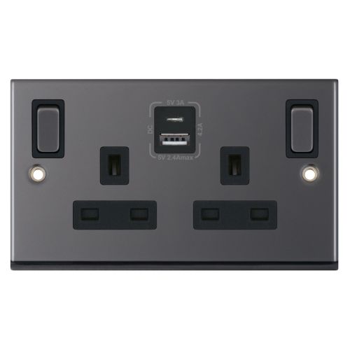 Selectric 13 Amp Socket Outlet 2 Gang Switched SP Outboard Rockers + 2 Earth Terminals, 1 x USB Type A & 1 x USB Type C (2.4A / 3A) Black Nickel