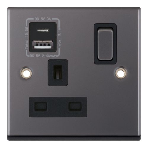 Selectric 1 Gang 13 Amp Socket with 1 x USB Type C & 1 x USB Type A Port (3.1A) Black Nickel