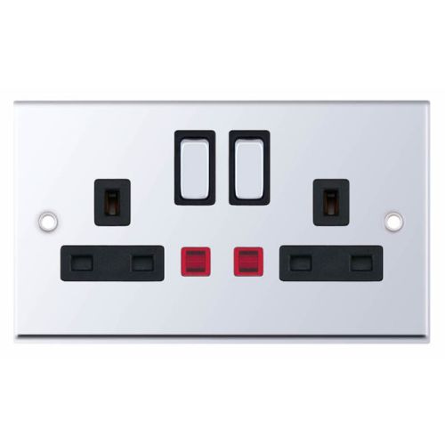Selectric 2 Gang 13 Amp Socket with Neons DP Switched Polished Chrome Black Insert