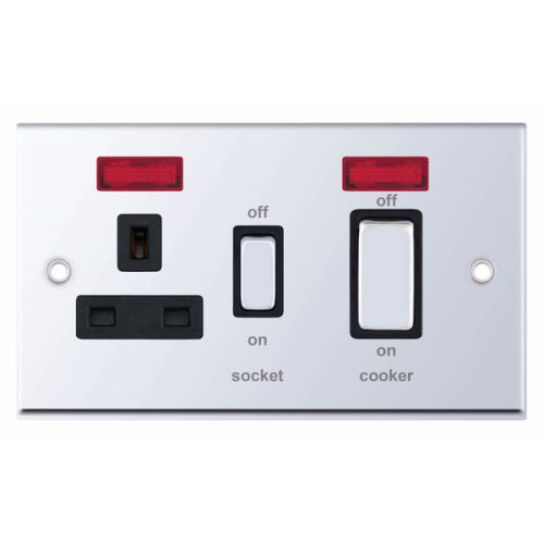 Selectric 45 Amp Cooker Unit with 13 Amp Switched Socket Neons Polished Chrome Black Inserts