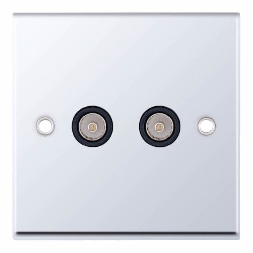 Selectric 2 Gang TV/FM ﻿Coaxial/Aerial Socket Polished Chrome Black Inserts