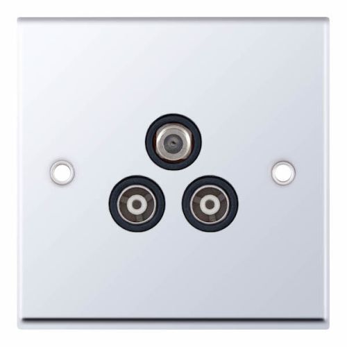 Selectric 1 Gang F-Type Satellite Socket + 2 Gang TV/FM ﻿Coaxial/Aerial Socket Isolated Polished Chrome Black Inserts