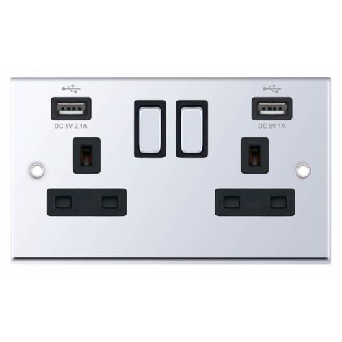 Selectric 2 Gang 13 Amp Socket with 2 x USB Ports SP Switched Polished Chrome 