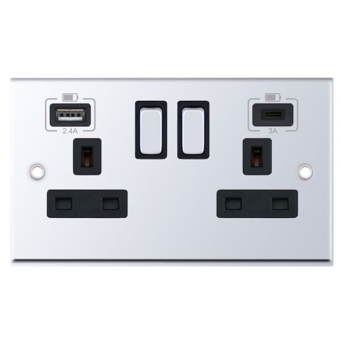 Selectric 2 Gang 13 Amp Socket with 2 x USB Ports C & A Switched Polished Chrome Black Inserts