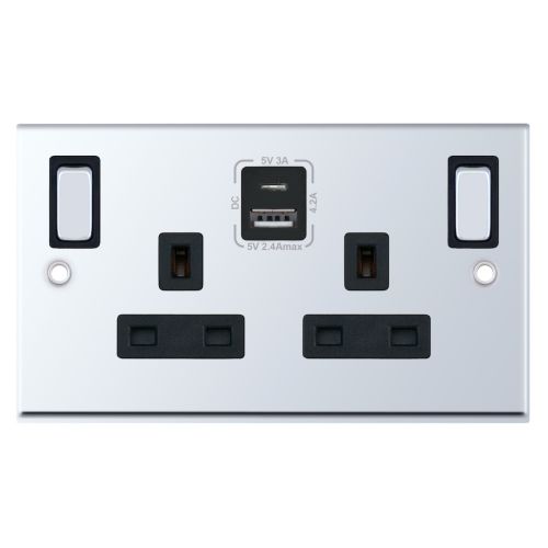 Selectric 13A Socket Outlet 2G Switched SP Outboard Rockers USB Type A & C 