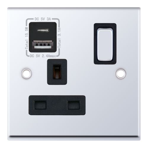 Selectric 1 Gang 13 Amp Socket USB Type C & A Polished Chrome Black Insert