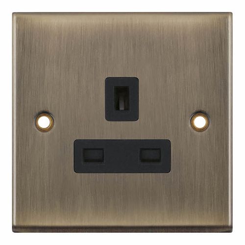 1 Gang 13 Amp Socket  Unswitched - Antique Brass with Black Inserts 