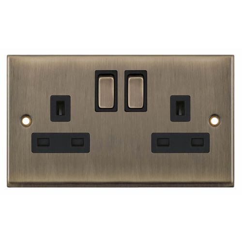 2 Gang 13 Amp Socket DP Switched - Antique Brass with Black Inserts 