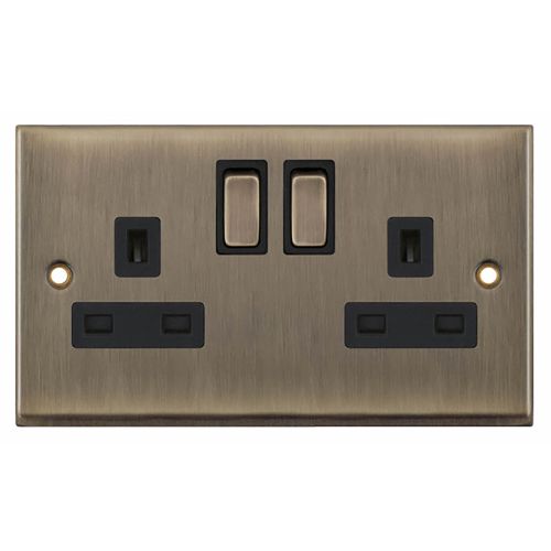 2 Gang 13 Amp Socket DP Switched - Antique Brass with Black Inserts 