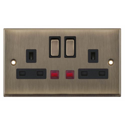 Selectric 13 Amp 2 Gang Socket with Neons DP Switched Antique Brass