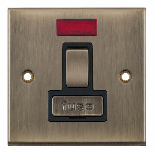 13 Amp Fused Connection Unit with Neon DP – Antique Brass with Black Inserts 
