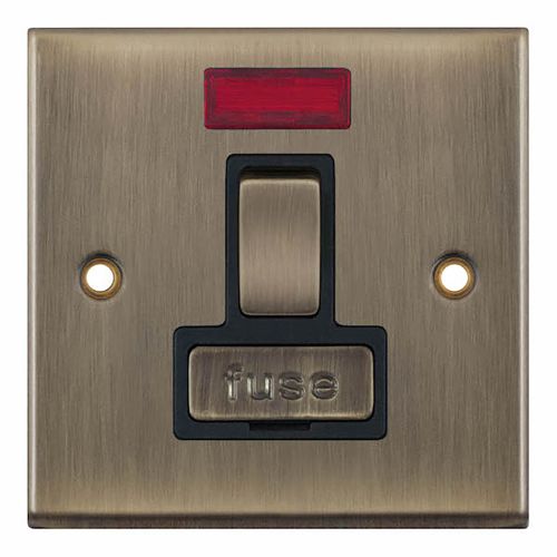 13 Amp Fused Connection Unit with Neon DP – Antique Brass with Black Inserts 