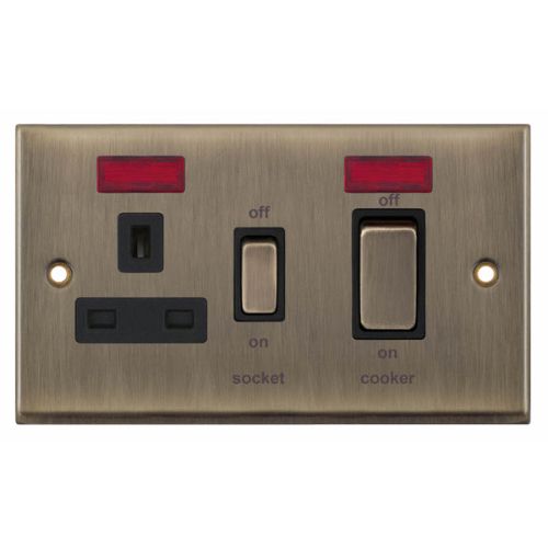 Selectric 45 Amp Cooker Unit w/ 13 Amp Switched Socket Neons Antique Brass