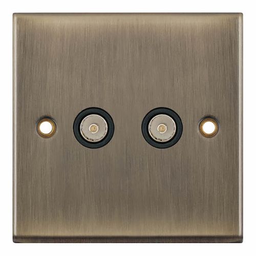 2 Gang TV/FM Coaxial/Aerial Socket - Antique Brass with Black Insert by Meteor Electrical 