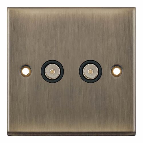 2 Gang TV/FM Coaxial/Aerial Socket - Antique Brass with Black Insert by Meteor Electrical 