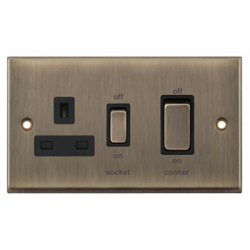 Selectric 45 Amp Cooker Unit with 13 Amp Switched Socket Antique Brass