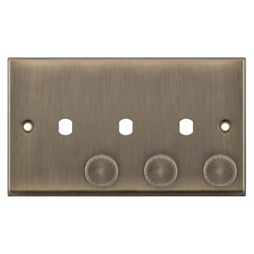 3 Aperture Empty Dimmer Plate with Knobs – Antique Brass