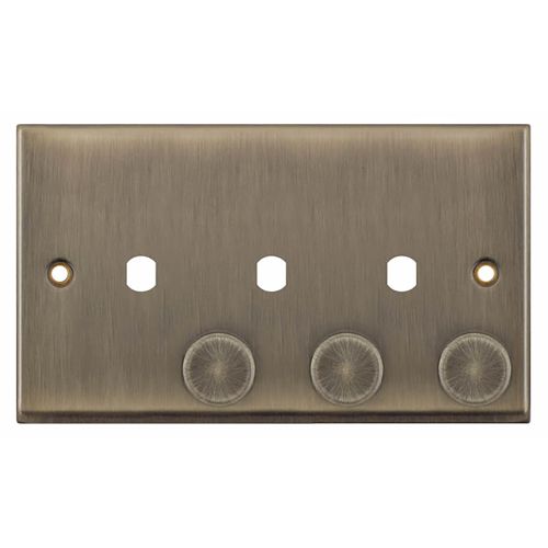 3 Aperture Empty Dimmer Plate with Knobs – Antique Brass