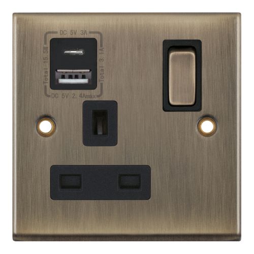 Selectric 13 Amp 1 Gang Socket USB Type C & A Antique Brass Black Insert