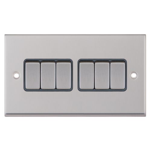 Selectric 10A Plate Switch 6 Gang 2 Way X-Rated Satin Chrome