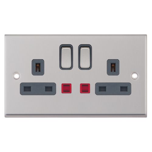 Selectric 2 Gang 13 Amp Socket with Neons DP Satin Chrome Grey Insert