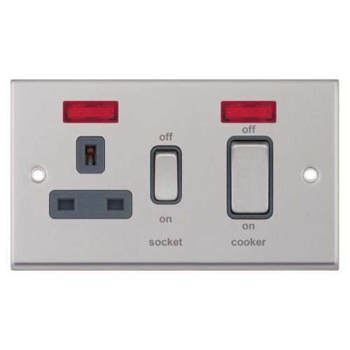 Selectric 45 Amp Cooker Unit w/ 13 Amp Switched Socket & Neons Satin Chrome Grey Inserts