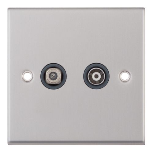Selectric 1G F-Type Satellite Socket + TV/FM Coaxial/Aerial Socket Satin Chrome Grey Insert