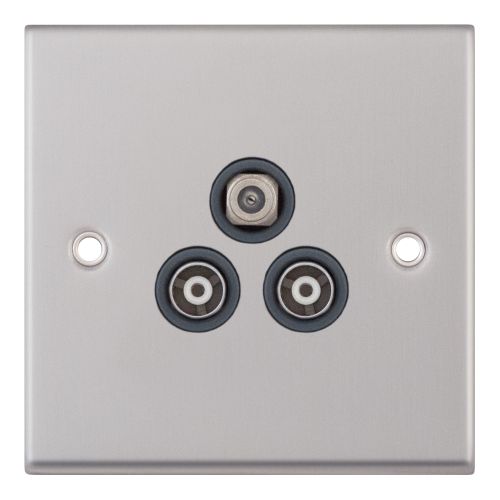 Selectric 1 Gang F-Type Satellite Socket + 2 Gang TV/FM Coaxial/Aerial Socket Satin Chrome Grey Inserts
