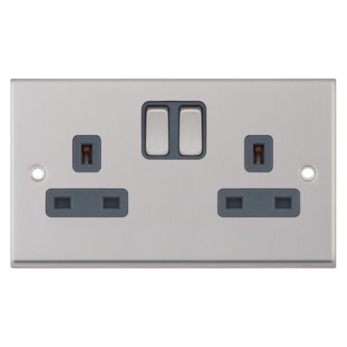 Selectric 2 Gang 13 Amp Socket SP Satin Chrome Grey Insert