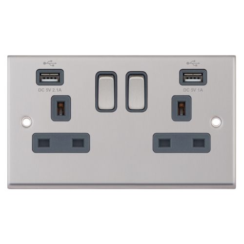 Selectric 2 Gang 13 Amp Socket 2 x USB Ports SP Switched Satin Chrome Grey Insert